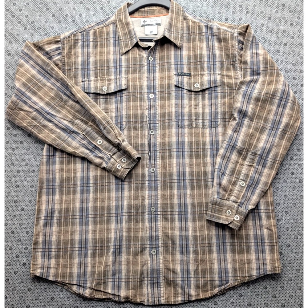Columbia Sportswear Mens Plaid Button Up Shirt XL Long Sleeve Brown Blue Cotton